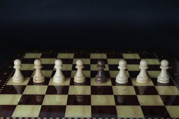 chess pieces in a row, pawns on a wooden chess board with black background, team, differencies concept. Loneliness concept.