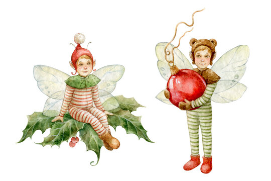 Watercolor christmas elves with christmas decoration.