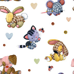 cartoon pets animal seamless pattern. domestic animals watercolor. Patchwork style. Childish cute background