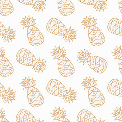 Seamless repeat pattern with outline pineapples on white. Vector flat illustration in doodle style