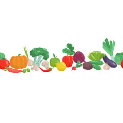 endless strip, fruits and vegetables ,Seamless pattern with hand drawn colorful vegetables. vector set. Vegetables flat icons set: cucumber, carrot, onion, tomato.