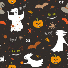 Kind spooky ghost and pumpkins, bats, witch hat, cheshire cat. Classic Halloween seamless background. Vector