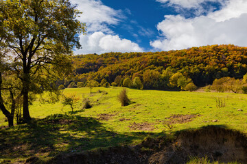 View of the Cabrera valley in Collsacabra in the middle of autumn when the ocher colors reign in...