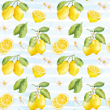 Watercolor seamless pattern with lemons and flowers on blue striped background. Hand drawn watercolor illustration.