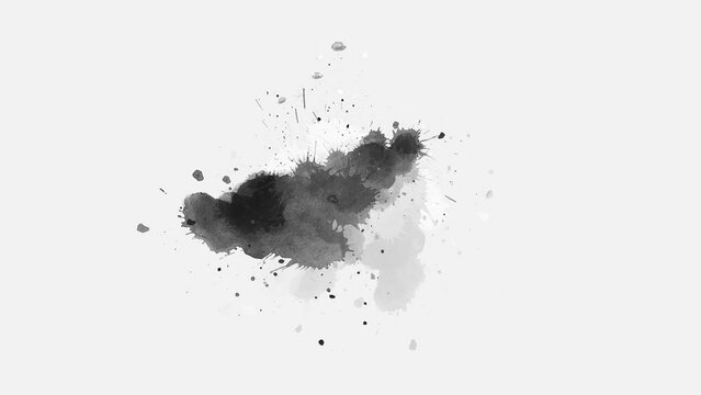 Ink splatters transition animation. Ink brush stroke. ink slow motion transition reveal. Ink splash. Abstract inkblot, splat, fluid art, overlay, alpha matte composition. ink spills onto white paper.