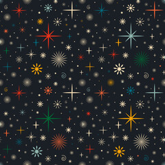 Vintage retro seamless pattern with stars. Christmas background with snowflakes