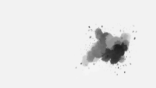 Ink splatters transition animation. Ink brush stroke transition. ink slow motion transition reveal. Abstract inkblot, splat, fluid art, overlay, alpha matte composition. ink spills onto white paper.