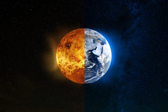 The surface of sun and earth joining to make one big scene in deep space