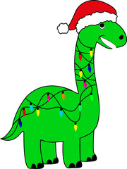 Green dinosaur in Santa's hat and a garland of lights on a white background. Happy new year postcard, banner.