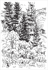 linear vector black and white drawing landscape wooden house in the forest