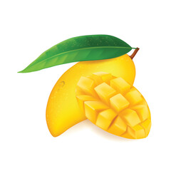 Fresh mango with slices and leaves Vector illustration 