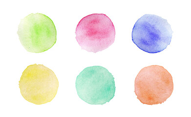 Hand painted watercolor colorful circle stains and drops set on transparent background - 536120744