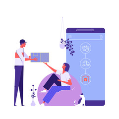 Fast online delivery service package to living room at home by courier. Women receive a package appear from screen phone by courier at home