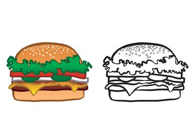 illustration of the sandwich made of lettuce, tomato, pickle, onion, hamburger and cheese. Vector isolated on white background.