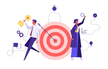 Business team hold big target with arrow in bullseye, teamwork success, target achievement, successful team work. Business vector illustration - obrazy, fototapety, plakaty