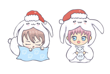 Cute collection of New Year illustrations with a girl dressed as a hare. Childish print for Christmas card, girl and rabbit.