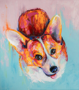 Oil dogs portrait painting in multicolored tones. Conceptual abstract painting of a welsh corgi pembroke muzzle. © Mari Dein