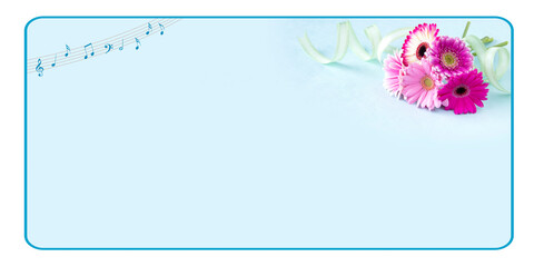 カラフルなピンクのガーベラの花束の楽譜・フレーム（ブルーバック）