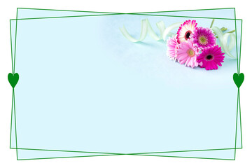 カラフルなピンクのガーベラの花束のハート・フレーム（ブルーバック）