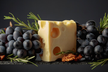 Maasdam cheese with walnuts, blue grapes, and rosemary.