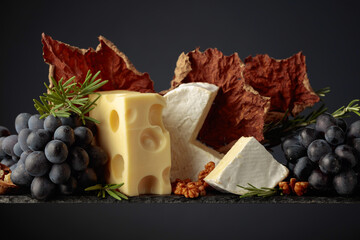 Cheese with walnuts, blue grapes, and rosemary on a black background.