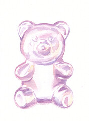Pink mother-of-pearl bear on a white background. Watercolor illustration for postcards and decor.