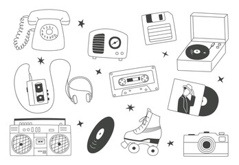 Set of contour retro objects: musical equipment, roller skates, floppy disk and others.