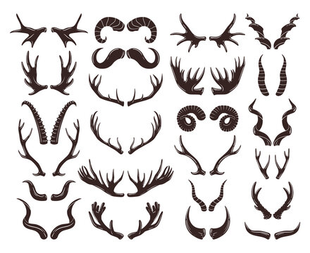 Mammals horns, cartoon animal antlers silhouettes. Wild horned animals, goat, antelope, ram, buffalo, reindeer and antelope horns flat vector symbols set. Hunting trophy antlers collection