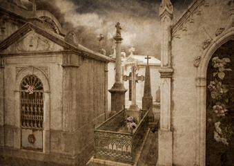 Old cemetery over textured paper background