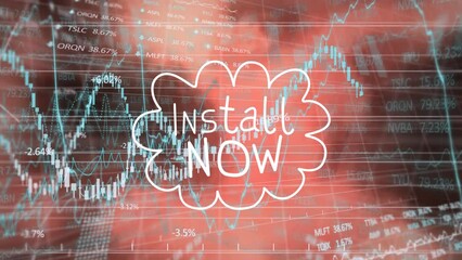 Animation of install now text and financial data processing over dark background - Powered by Adobe