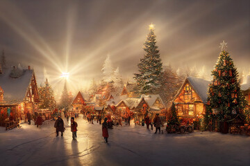 Weihnachtsdorf mit Schnee im Vintage-Stil. Winterliche Dorflandschaft. Weihnachtsferien. Weihnachtskarte. 3D-Darstellung © Viks_jin