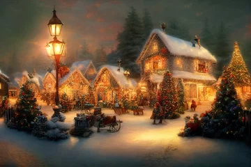 Poster Kerstdorp met sneeuw in vintage stijl. Winterdorp landschap. Kerstvakantie. Kerstkaart. 3D illustratie © Viks_jin