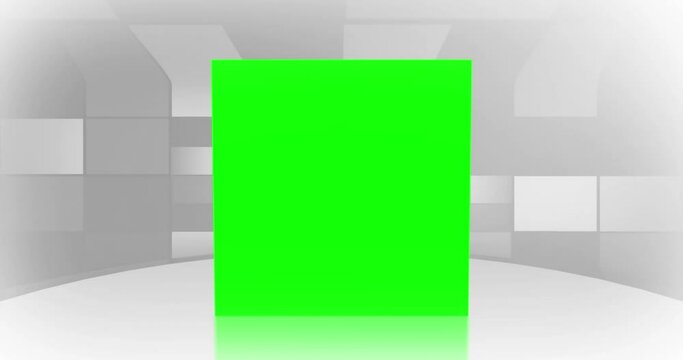 Animation of bouncing green square on table against abstract background
