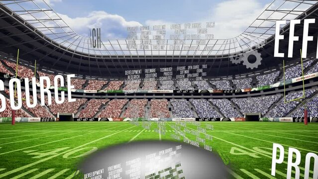 Animation of text and data processing over stadium