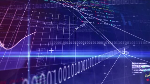 Animation of data processing with network of connections on blue background