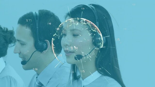 Animation of globe with data processing over diverse business people using phone headsets