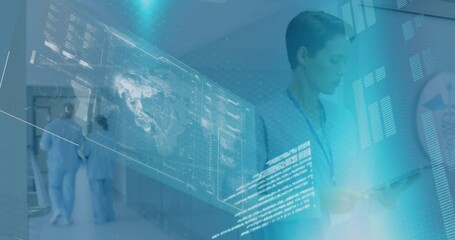 Animation of globe and data processing over diverse doctors at hospital - Powered by Adobe
