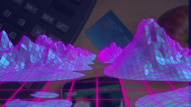 Animation of digital mountains over calculator, smartphone, credit card and apple on desk