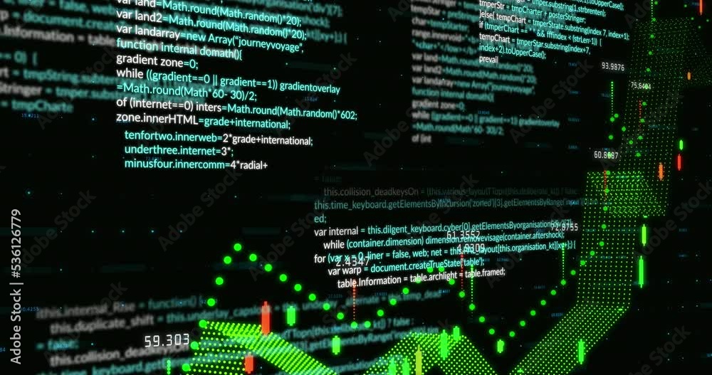 Poster animation of multitextured pattern forming graphs with programming language against black background