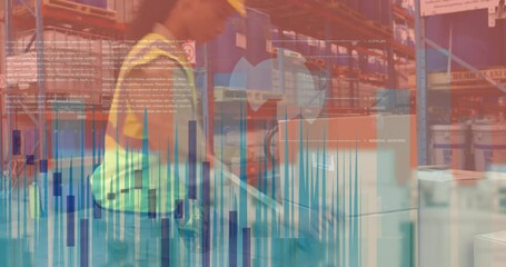 Animation of financial data processing over african american female worker in warehouse - Powered by Adobe