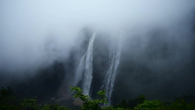 Marvelous Jog falls, water falling from top of the hill, covered with heavy thick fog.