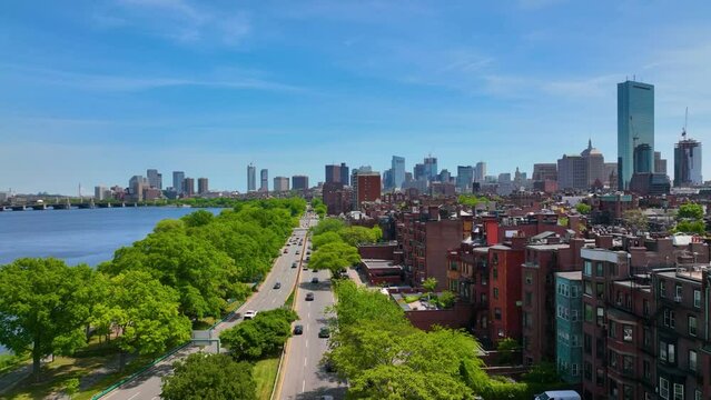 Boston financial district modern city skyline aerial view with Charles River, Beacon Hill historic district and Charles River Esplanade in Boston, Massachusetts MA, USA. 