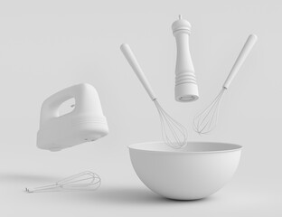 Metal bowl with electric mixer and cookie cutters on monochrome background