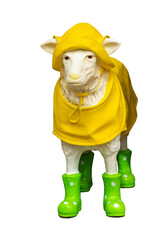 Cute sheep sculpture with yellow raincoat and green rubber boots on white background