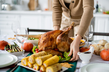 cropped view of woman serving roasted turkey near grilled corn and asparagus for thanksgiving dinner