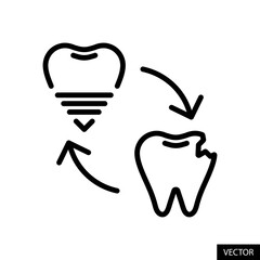 Fototapeta premium Broken, Cracked, damaged tooth replacement, Teeth implant, Dental restoration concept vector icon in line style design for website, app, UI, isolated on white background. Editable stroke. Vector file.