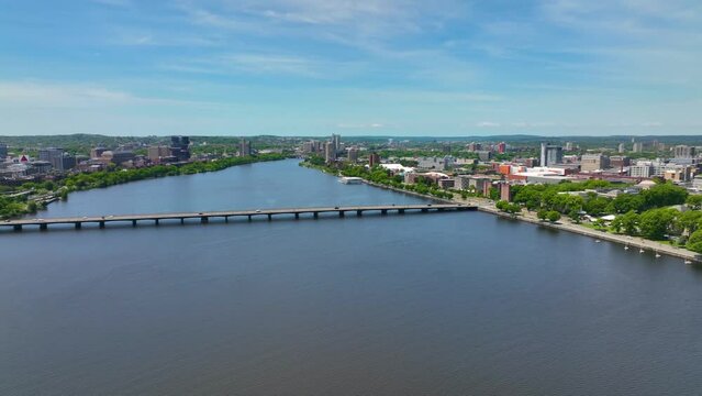 Cambridge modern city skyline panorama including Massachusetts Institute of Technology MIT aerial view, Harvard and Longfellow Bridges over Charles River, Cambridge, Massachusetts MA, USA. 