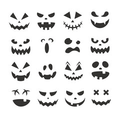 Scary and funny Halloween pumpkin faces and grimaces. Ghost silhouette. Vector illustration isolated.	
