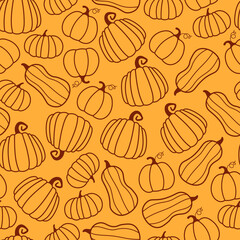 Seamless vector pattern with outline pumpkins. Halloween and Thanksgiving day. Autumn decorative element. Design for web page backgrounds, fabric, wallpaper, textile and decor.