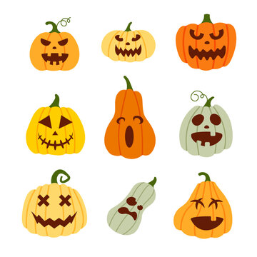 Scary and funny Halloween pumpkin. Cartoon faces and grimaces. Hand drawn pumpkins. Vector illustration isolated.	